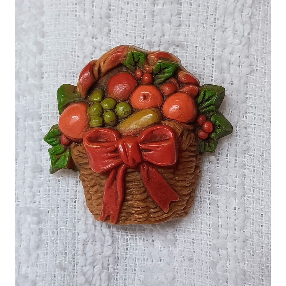 Hallmark Fall Autumn Fruit Basket Brooch Harvest Bow Resin Pin Vintage Estate